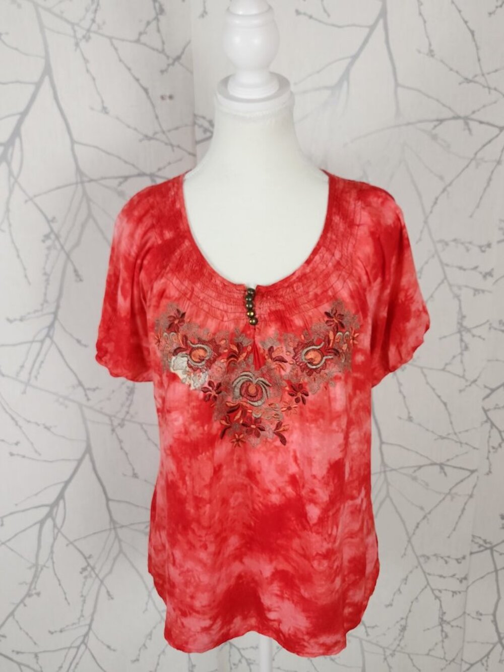 One World Red Tie Dye Floral Embroidered Smocked Round Neck Top